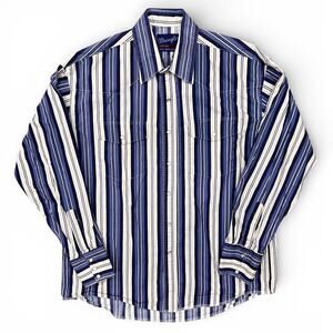 Vintage Wrangler Pearl Snap XLong Tails Vertical Stripe Button Up Shirt 16 1/2